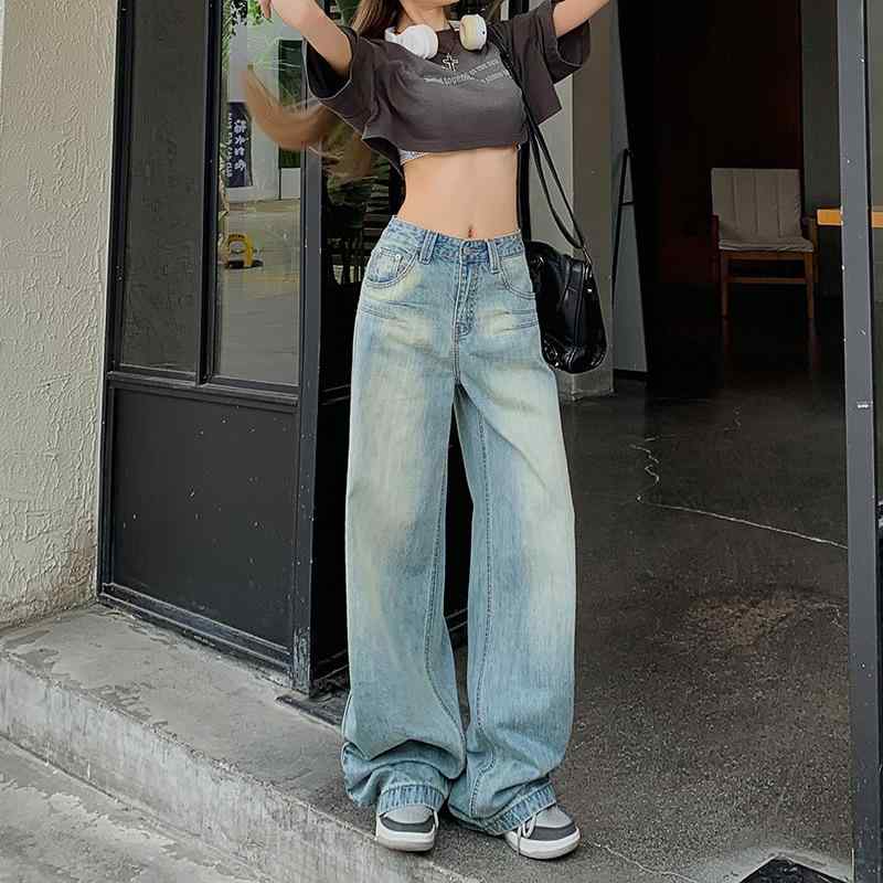 デニムパンツ レディース ワイドパンツ ストレート ウォッシュ加工 カジュアル デイリー ボトムス 春夏 ゆったりとした 落ち感のある 着回し自在 リラックス フルレングス