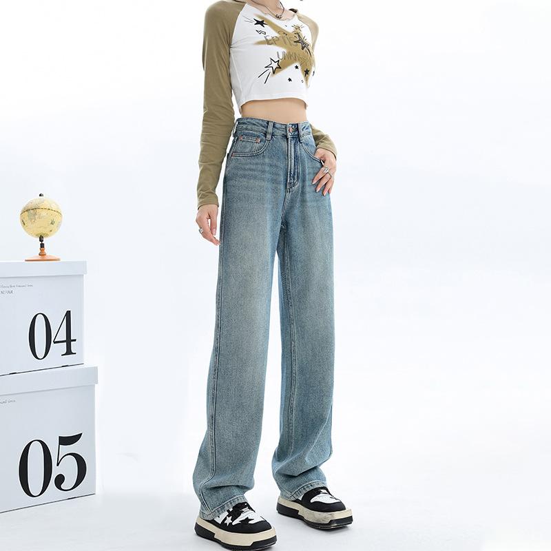 デニムパンツ レディース ハイウエスト ワイド 落ち感 ストレート カジュアル オールシーズン ボトムス ゆったり 脚長 ロング丈 無地 体型カバー 柔らかい