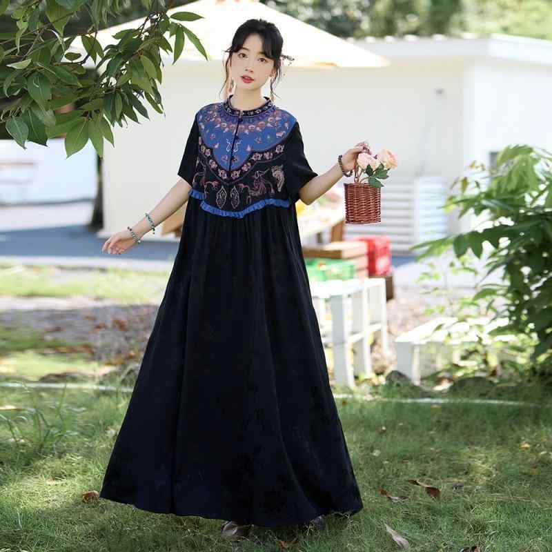 ワンピース チャイナドレス風 ロング丈 刺繍 スタンドカラー 五分袖 ジャガード織 お呼ばれ パーティー 民族調 膝下丈 フレア 体型カバー ゆったり 上品 華やか