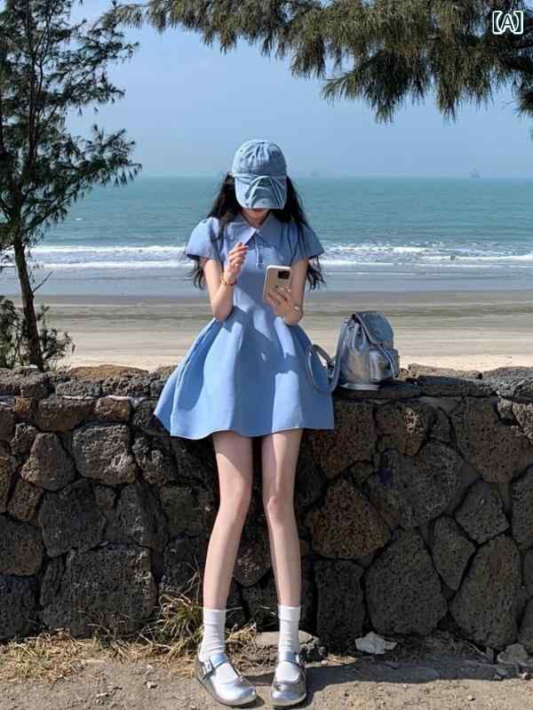 ワンピース レディース ポロ襟 Aライン 半袖 ひざ丈 ウエストマーク コットン素材 フレアスカート 通気性 通学 お出かけ