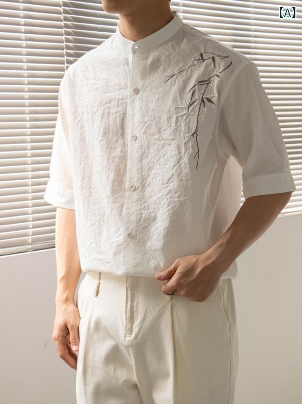 ティーシャツ メンズ 半袖 刺しゅう入り口・入口 リネン風 綿織物混 通気性 冷やりとした 心地好い トップス 羽織り 春夏用 ゆったり 無地 分かりやすい 今めかしい 通い 通学 普段着 軽さ 着回しし分かりやすい