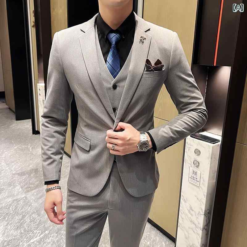 スーツ セットアップ メンズ 3点セット 礼服 結婚式 披露宴 スリムフィット 紳士服 上下セット スラックス ジレ ベスト付 ビジネススーツ 冠婚葬祭 パーティー 二次会 卒業式 入学式 礼装 華やか 背抜き スタイリッシュ センターベント シングル