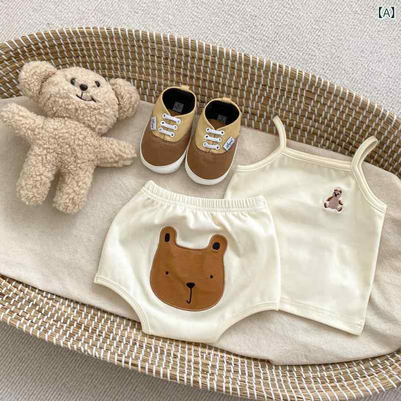 ベビー セットアップ 夏服 赤ちゃん 上下セット 熊刺繍 キャミソール ブルマパンツ 涼しい セパレート お出かけ着 幼児 男の子 女の子 かぼちゃパンツ ノースリーブ トップス ボトムス 部屋着 パジャマ ギフト 出産祝い 綿100% ウエストゴム 通