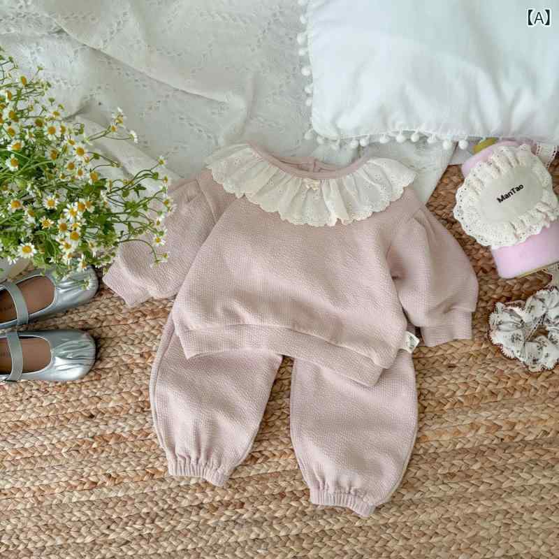 子供服 セットアップ 女の子 レース 2点セット 春用 韓国 ブラウス ロングパンツ お出かけ 高見え 清楚 通園 通学 長袖 発表会 お呼ばれ 記念写真 リンクコーデ 重ね着風 幼児 園児 トップス ボトムス 無地 膝丈 丸襟 伸縮性 ウエストゴム