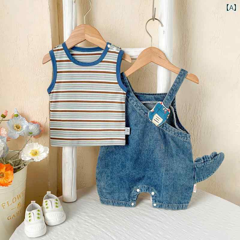 ベビー服 子供服 サロペット 上下セット 夏服 デニム 恐竜 涼しい素材 半袖Tシャツ セットアップ 公園遊び お出かけ着 旅行 帰省 ウエストゴム 股下スナップボタン付き 着脱スムーズ 幼児 普段着 ギフト 男の子 女の子 通園 保育園 幼稚園