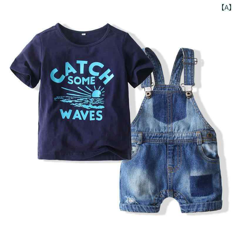 子供服 男の子 半袖 Tシャツ デニム セットアップ ダメージ加工 動きやすい コーディネート済み 夏服 カジュアル お出かけ 通園 通学 ウエストゴム ストレッチ ジュニア 2点セット 快適 綿素材 着心地 涼しい 普段着 小学生 幼稚園 ストリート