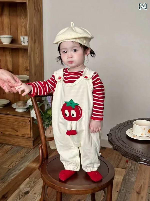 ベビー服 ロンパース 女の子 春秋 セットアップ ボーダー 重ね着風 サロペット風 スウェット 長袖 普段着 お出かけ かわいい 綿100% 赤ちゃん 幼児 乳児 通園 公園 外遊び ギフト プレゼント 誕生日 写真撮影 部屋着 動きやすい 着替えや