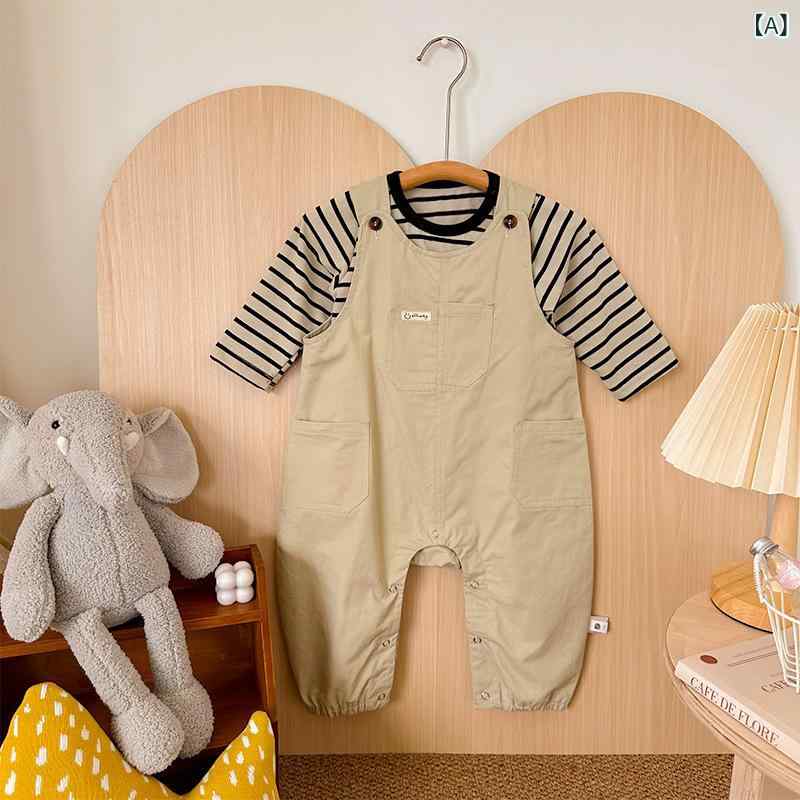ベビー服 サロペット ロンパース ボーイズ 重ね着風 ボーダー Ｔシャツ付き セットアップ お着替え楽々 上下セット ２点セット 春物 秋物 男の子 幼児 赤ちゃん 外出着 出産祝い プレゼント ギフト 贈り物 お出かけ 普段着 カジュアル かわいい