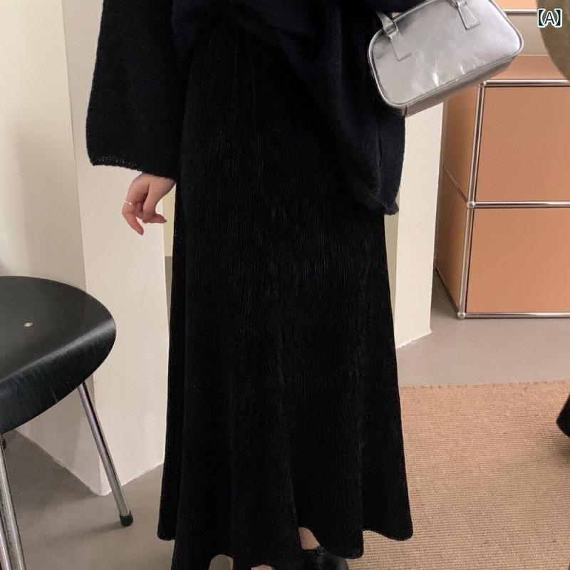 マーメイドスカート ベロア ロングスカート タイトスカート ハイウエスト 着痩せ 上品 ボトムス マキシ丈 美シルエット 裏地付き 伸縮性 ストレッチ 膝下 無地 光沢感 ミモレ丈 ポケット付き スリット ウエストゴム 厚手 暖か 裏起毛 通勤 体型カバ