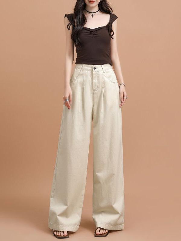ワイドパンツ デニムパンツ レディース ハイウエスト タック ストレートシルエット 美シルエット 脚長効果 体型カバー カジュアルパンツ コットン素材 通気性 動きやすい ウォッシュ加工 デイリー 無地 定番アイテム 着回し ユーズド感 前ボタン バック｜mandarino