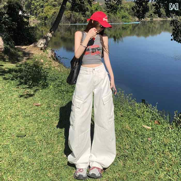 ワイドパンツ デニム レディース カーゴパンツ ストレート ワークパンツ サイドポケット 美脚シルエット 体型カバー コットン素材 ゆるめ ボトムス ロング丈 カジュアル ストリート 動きやすい 普段使い お出かけ 通学 通勤 旅行 休日用 散歩 デイリ