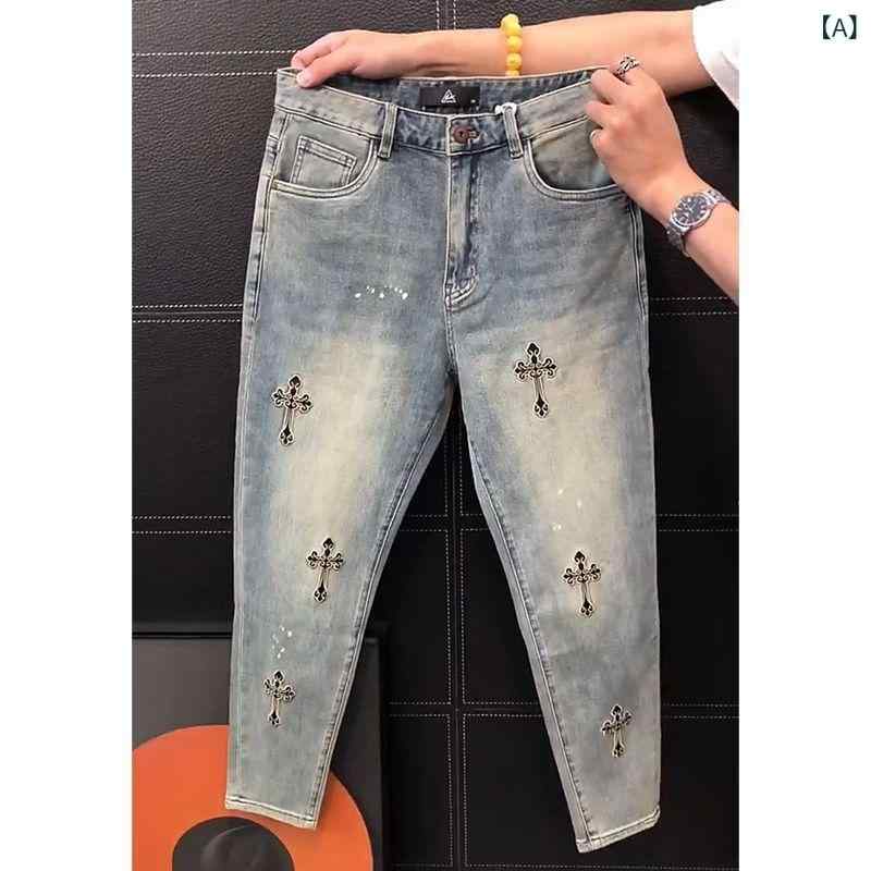 デニムパンツ メンズ 九分丈 アンクル丈 スリム テーパード 刺しゅう デザイン カジュアル スタイルアップ ストレッチ 快適 ストリート ファッション 春夏 ボトムス お洒落 個性的 シルエット重視 コーディネート デイリー 普段使い くるぶし丈 動き