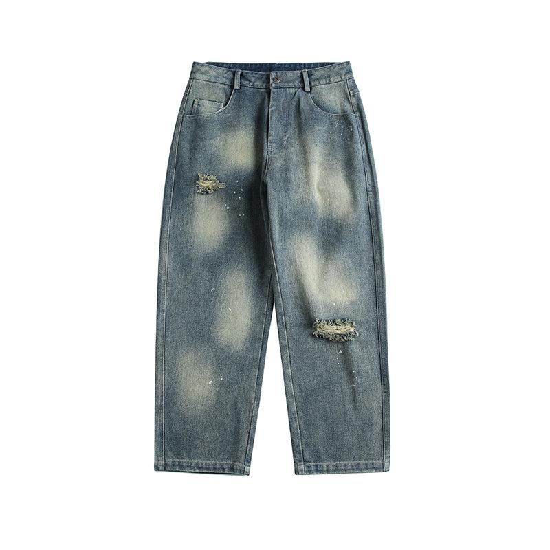 デニムパンツ メンズ ダメージ加工 ジーンズ ストレッチ テーパードパンツ ペイント 裾カットオフ デザイン ボトムス カジュアル ストリート ヴィンテージ ウォッシュ加工 お洒落 普段使い 休日 コーデ オールシーズン 快適 美シルエット 定番 丈夫