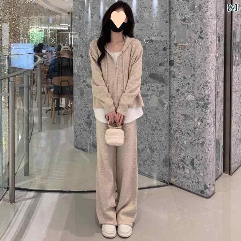 セットアップ レディース 上下セット 春 ニットパーカー ワイドパンツ 2点セット 重ね着風 フード付き 長袖 ストレッチ カジュアル 部屋着 ワンマイルウェア 無地 シンプル ゆったり 大きいサイズ｜mandarino
