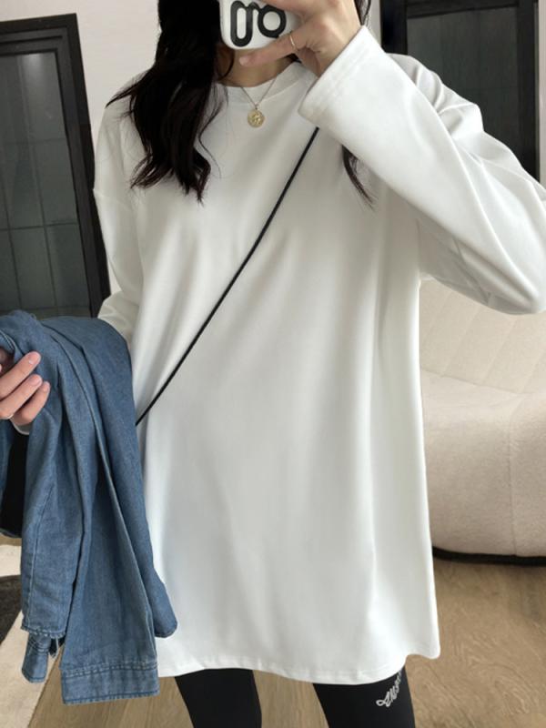 Tシャツ レディース 長袖 ロンT カットソー チュニック丈 無地 綿100％ クルーネック ホワイト シンプル ゆったり トップス インナー 重ね着 カジュアル 春 秋 冬 部屋着 大きいサイズ 柔らかい 体型カバー