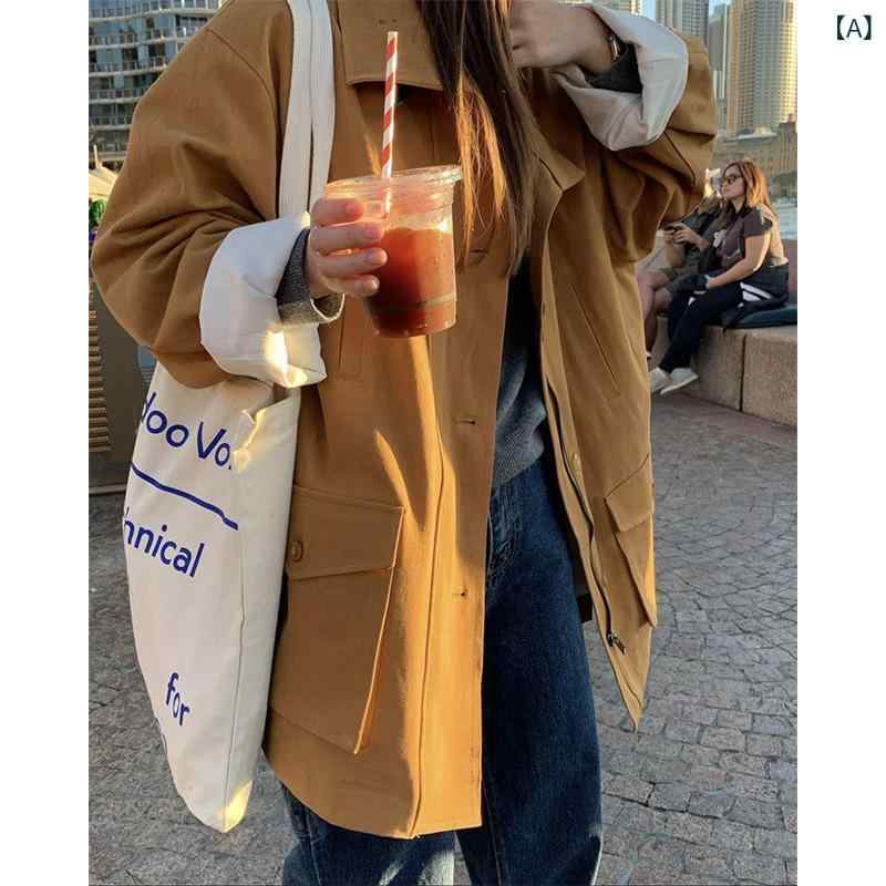 トレンチコート レディース ロング丈 ワークポケット 膝下丈 こなれ感 体型カバー カジュアル オーバーサイズ ライトアウター 通学 羽織り スプリングコート 秋コート 無地 ミリタリー風 ゆったり ビッグシルエット 襟付き 前開き 季節の変わり目 ロン