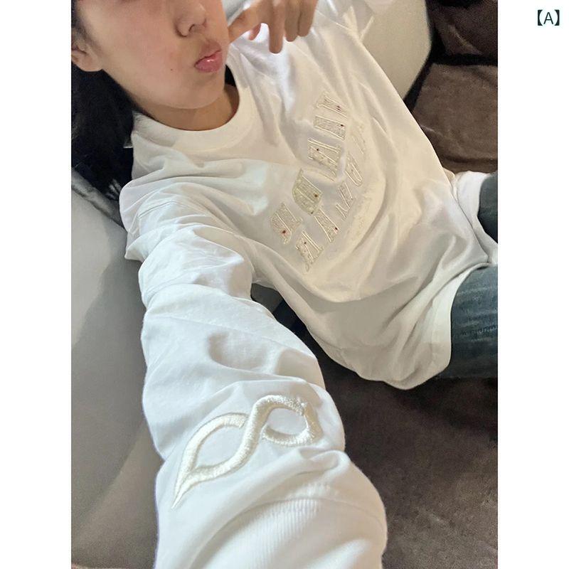 長袖Tシャツ レディース ロンT 綿100% 厚手 ロゴ刺繍 ヘビーウェイト 透けにくい 丈夫な首元 ビッグシルエット カットソー クルーネック ティーシャツ ドロップショルダー インナー 春服 秋服 デイリー 高密度編み ヴィンテージ風 10オン