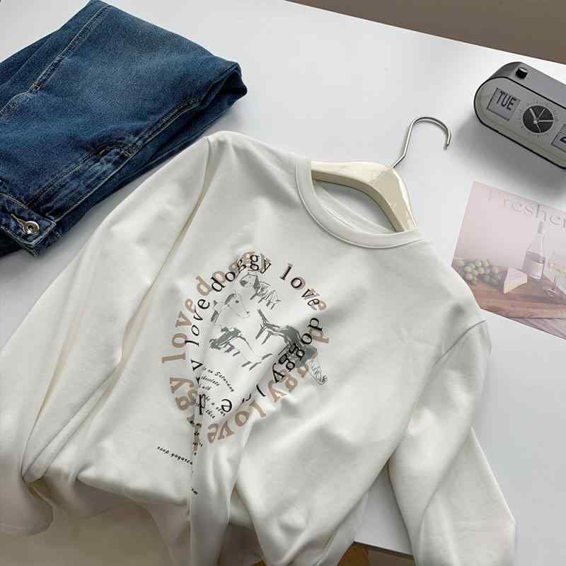 長袖Tシャツ レディース ロンT クルーネック 綿100% ヴィンテージ風 プリント カットソー プルオーバー ゆったり シルエット 体型カバー 華奢見え アイボリー 春 カジュアル 重ね着 レイヤード インナー シンプル おしゃれ 柔らかい 抜け感 普段