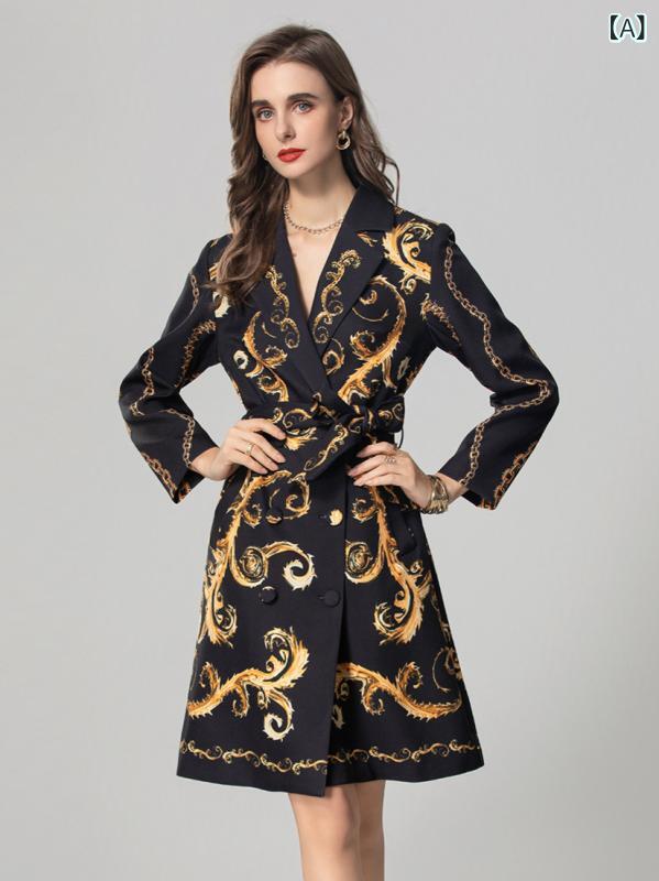 トレンチコート レディース 秋服 ロングコート ウエストマーク ゴールドプリント 煌めくラインストーン スタイルアップが叶うシルエット な高級感 洗練 二次会 お呼ばれ 記念日 お出かけ きれいめ フォーマル ライトアウター 羽織り