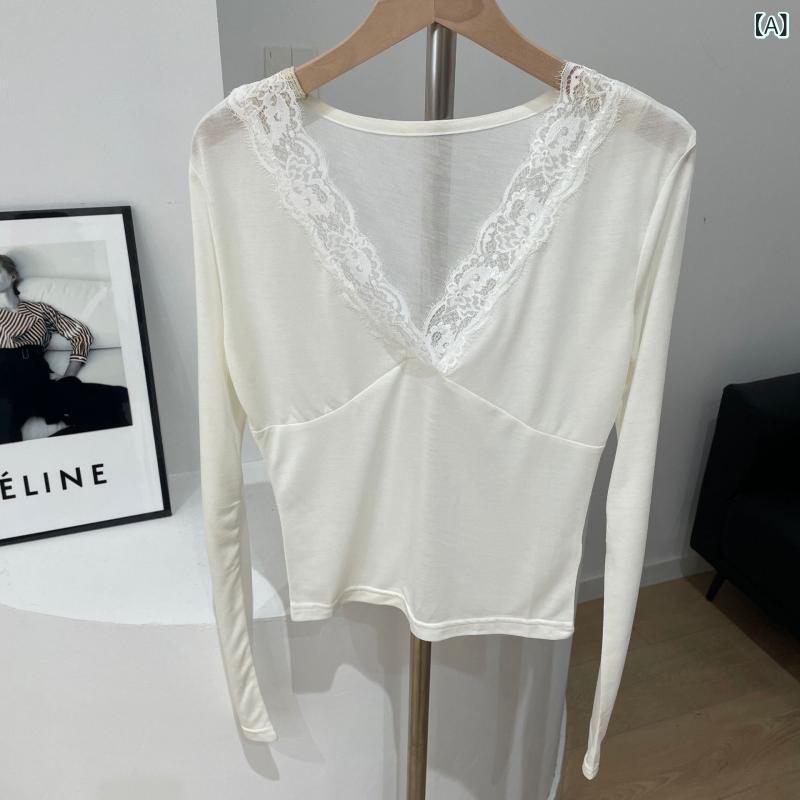 長袖Tシャツ レディース Vネック レース 無地 タイトシルエット リブ編み インナー トップス レイヤード 春夏 秋 ストレッチ性 伸縮 フィット感 デコルテライン カジュアル フェミニン 上品 重ね着 1枚使い 万能 アイテム シンプル デイリーユ