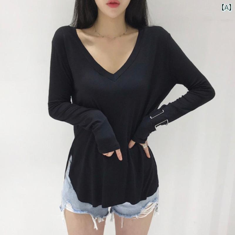 Tシャツ レディース Vネック 長袖 コットン スリット 無地 体型カバー ドレープ感 オーバーサイズ インナー 重ね着 チュニック 丈長め カットソー トップス カジュアル シンプル オフィス 着回し 部屋着 ロングTシャツ 通気性 伸縮 ストレッチ