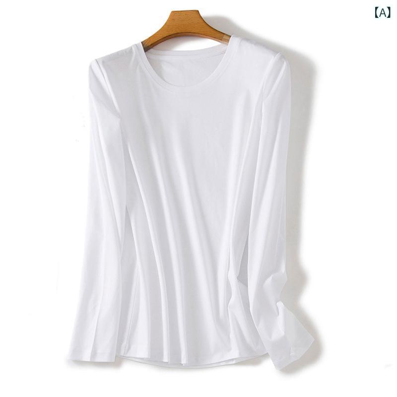 Tシャツ レディース トップス 綿100% シルケット加工 上品な光沢感 高見え インナー 重ね着 オフィスカジュアル クルーネック 無地 綺麗め カットソー 洗える素材 シワ防止 裾スリット ストレッチ 抜け感 華奢見え ベーシック 定番 汎用