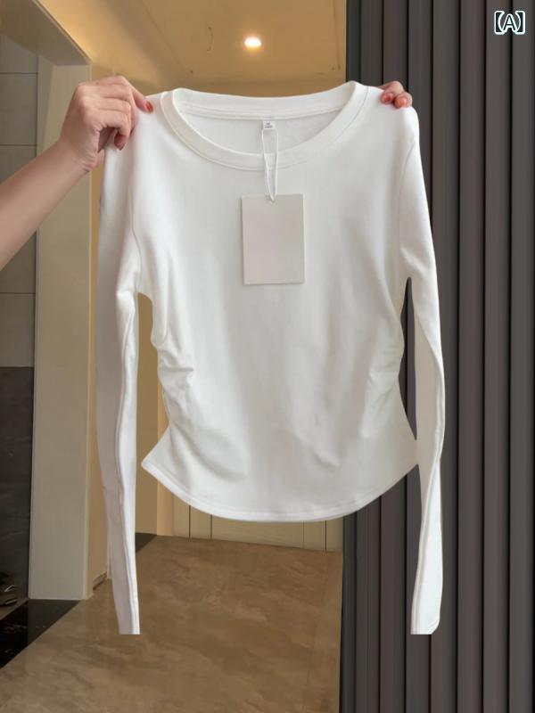 長袖Tシャツ レディース 綿100% カットソー ギャザー シャーリング ウエストシェイプ セットインスリーブ スタイルアップ インナー クルーネック 重ね着 無地 シンプル 細見え ストレッチ 柔らかい 伸縮性 フィット感 カジュアル トップス コンパ｜mandarino