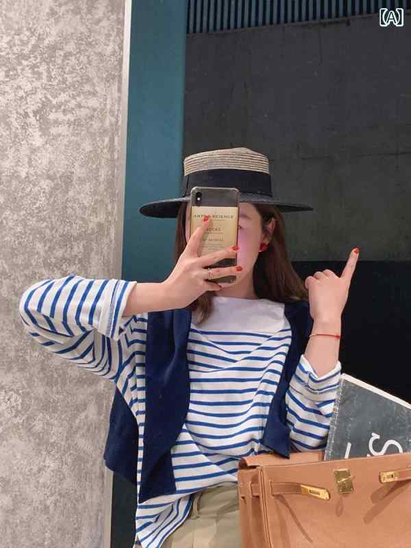 長袖Tシャツ ボーダー レディース コットン 100% 綿 フレンチスタイル 体型カバー 着回し力 クルーネック ロンT レイヤード カジュアル ゆったり シルエット トップス 爽やか マリンスタイル 普段使い お出かけ 春秋 定番 アイテム 洗える