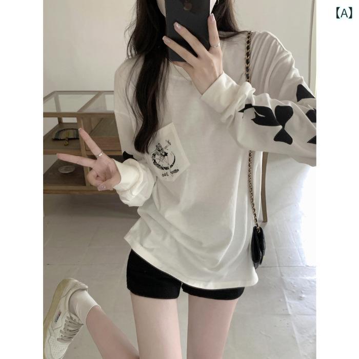 長袖Tシャツ レディース ロンT 綿100% クルーネック ポケット付き プリント入り 厚手 透けにくい 体型カバー オーバーサイズ カジュアル 着回し力抜群 春物 インナー トップス デイリー 部屋着 お出かけ ワンマイルウェア 丈夫 ヨレにくい