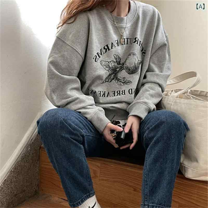 レディーススウェット 長袖 プルオーバー ラディッシュプリント カジュアル トップス オーバーサイズ クルーネック 韓国ファッション 体型カバー 華奢見え デイリー使い ワンマイルウェア 部屋着 外出着 ワンポイント リブ袖 ドロップショルダー