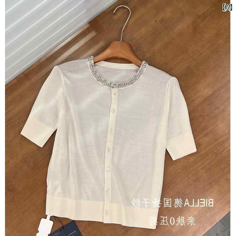 サマーカーディガン レディース 半袖 ウール クルーネック 18ゲージ 薄手 ビジュー付き 上品 羽織り 冷房対策 オフィス 通勤 事務 仕事着 清楚 トップス 婦人服 きれいめシルエット カジュアル 重ね着 春夏