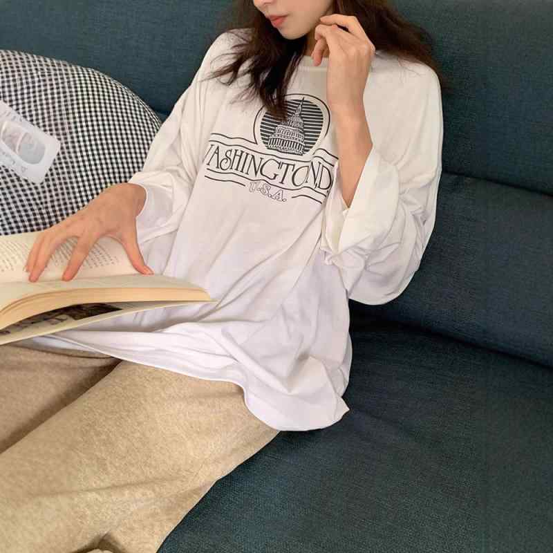 Tシャツ レディース ゆったり 長袖 クルーネック アルファベット プリント 春夏 無地 カジュアル インナー トップス 普段使い リラックス フィット プルオーバー
