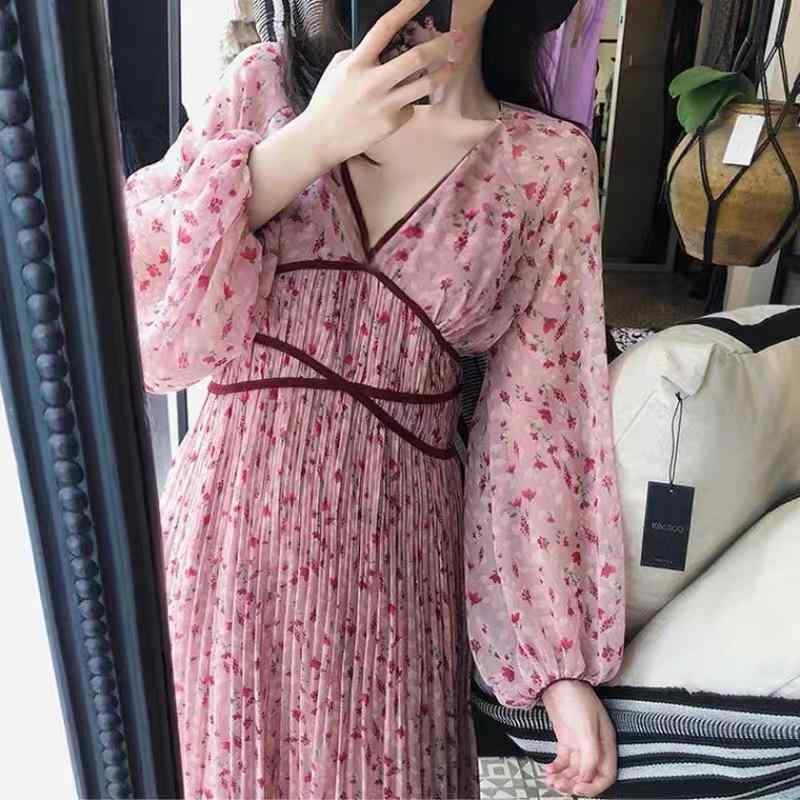 妊婦ワンピース ゆったり Vネック 長袖 シフォン フラワープリント ミドル丈 韓国 エレガント 軽量 快適 普段使い 春夏
