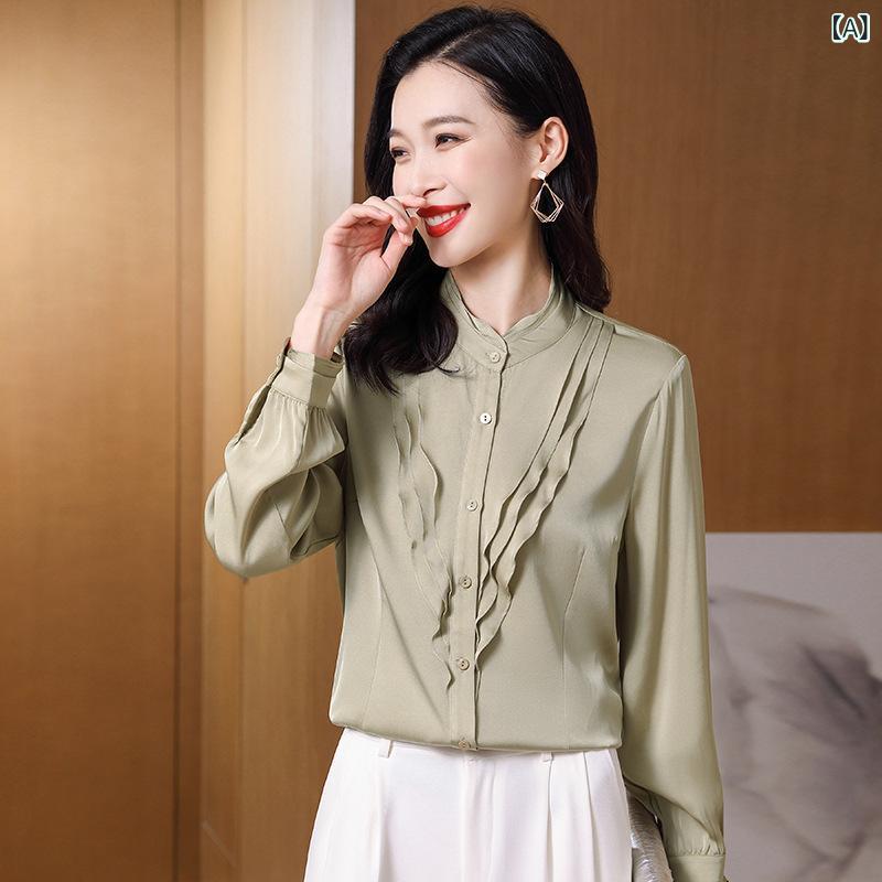 シャツ レディース 長袖 ブラウス 立ち襟 フリルネック シルク風 光沢素材 事務服 オフィス 通勤 通学 シンプル 無地 きちんと感のあるシルエットで着回し力が高く動きやすいきれいめトップス｜mandarino