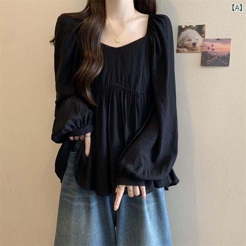 ブラウス レディース 長袖 シャツ スクエアネック フリル袖 シフォン トップス ぽっちゃりさん 体型カバー 無地 ボリューム袖 ゆったり 通勤 通学 きれいめシルエット 動きやすい 楽ちん