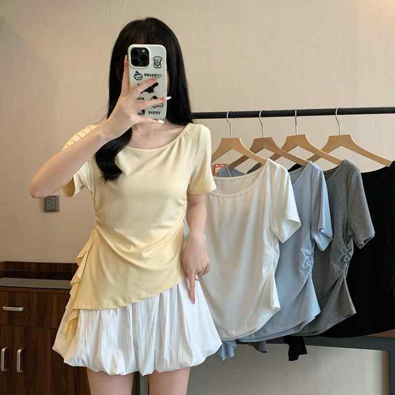 Tシャツ レディース 夏用 短袖 イエロー フリルエッジ ドローストリング 大きめ サイズ ゆったり スリム効果 ウエストシェイプ 正肩 カジュアル トップス 普段使い 軽量 吸湿速乾