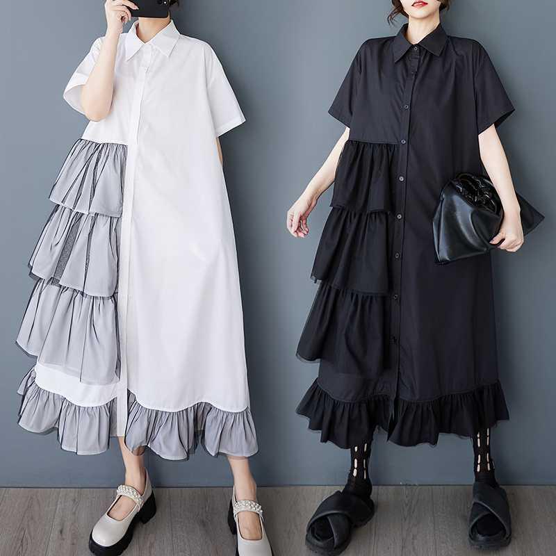 夏 レディース シャツワンピース レース 切り替え ツートンカラー フリルエッジ ゆったり ミドル丈 スタイリッシュ 軽やか ファッションx2