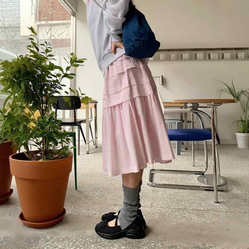 スカート レディース 春 ピンク かわいい ミディ丈 伸縮腰 レイヤード 着回し 上品 軽量 通勤 普段使い フレア 柔らかい 素材