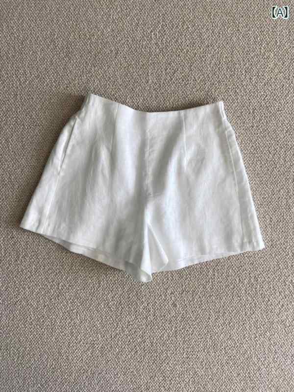 ショートパンツ レディース リネン 麻 ハイウエスト ワイドパンツ 短パン 夏 キュロット 涼しい 薄手 ボトムス ズボン 無地 カジュアル 部屋着 体系カバー 膝上丈 通気性 ゆったり シンプル 大人 普段使い