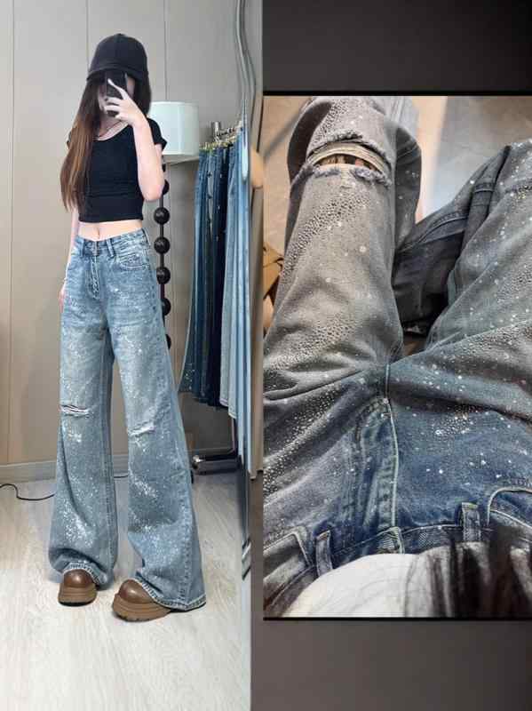 デニムパンツ レディース 春夏 ストレート ロング ディストレス 星空柄 クリスタル 装飾 高級感 スタイリッシュ スリム シルエット デニム素材 普段使い コーディネートしやすい