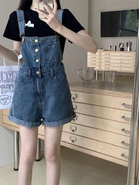 サロペット レディース デニム 春夏 レトロ ハイウエスト ストレート ロールアップ ショート丈 連体パンツ 小柄対応 カジュアル 普段使い 綿素材 伸縮性x2