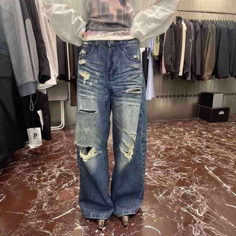 レディース ビンテージ デニム ワイドパンツ ストリート ヒップホップ スタイル リップド ウォッシュド フィット ロング丈 カジュアル ボトムス ゆったり シルエット デニム素材 膝下丈