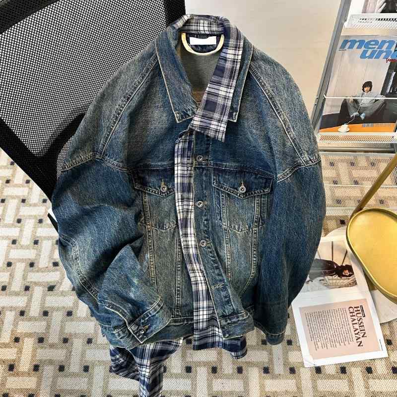 メンズ ジャケット アウター シンプル 暖かい メンズ デニムジャケット チェック柄 不規則切り替え フェイクツーピース ゆったりシルエット カジュアル コットン混 軽量 上着
