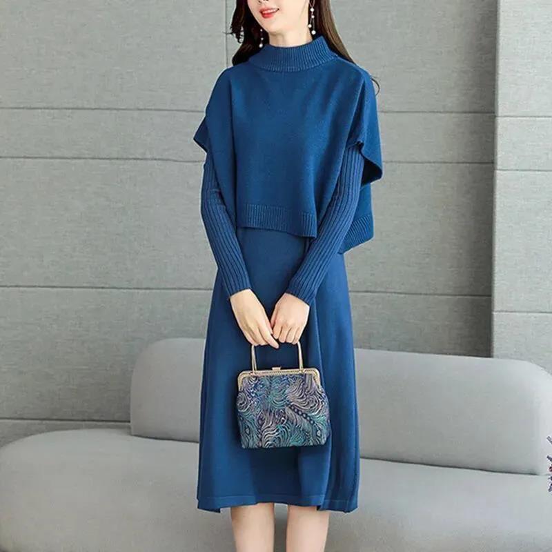ワンピース レディース 秋冬 ニット 中長丈 収腰 スリム 上品 高級感 ベスト 2点セット 体型カバー 暖か 保温 柔らかい 伸縮性 エレガント レイヤード