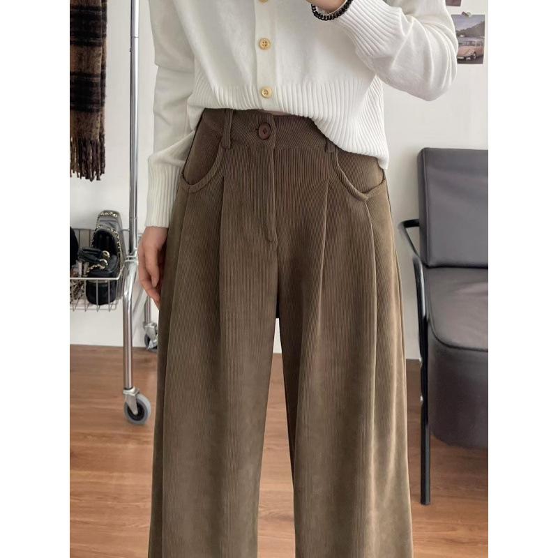 レディース ワイドレッグパンツ ハイウエスト スーツパンツ 秋冬 起毛 厚手 綿 包縁 暖か 通勤 ビジネス フォーマル スタイル 快適 フィット 柔らか素材