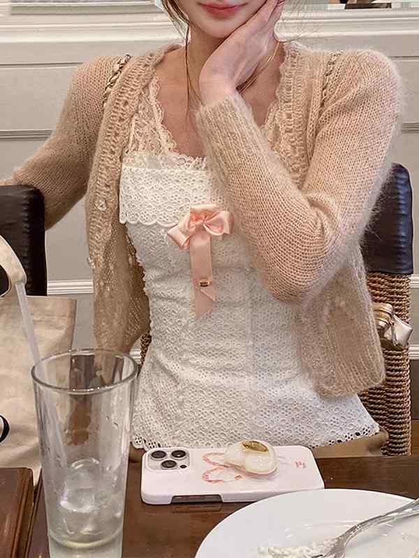 カーディガン レディース 春 クロシェ ニット シルク フェミニン 軽量 室内用 優しい 甘美 柔らかい 素材 伸縮性 通勤 普段使い