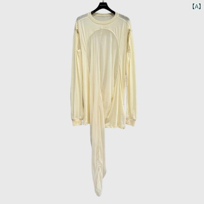 Tシャツ メンズ ロング丈 5分袖 半袖 カットソー 異素材 切り替え レイヤード 重ね着風 透け感 シアー素材 アシンメトリー ドロップショルダー ビッグシルエット オーバーサイズ カジュアル モード ストリート 春夏 秋
