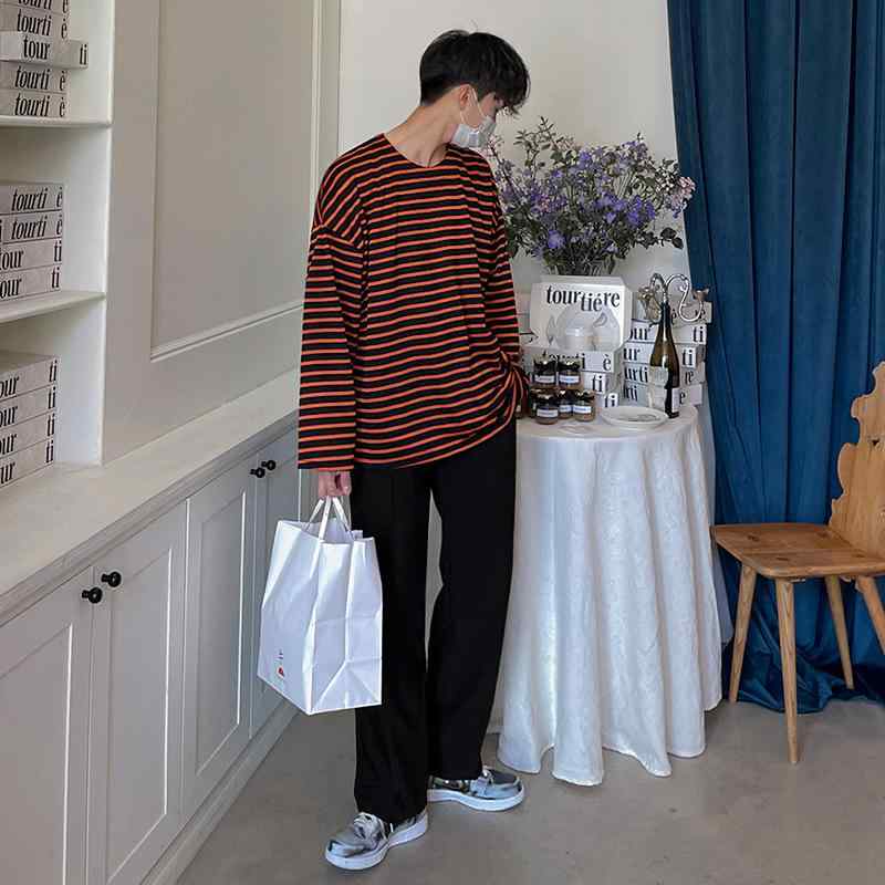 Tシャツ メンズ 長袖 ボーダー ロンT クルーネック 綿100% コットン カットソー トップス インナー カジュアル ゆったり 春秋 部屋着 シンプル 大きいサイズ 重ね着 男性用 ベーシック 定番