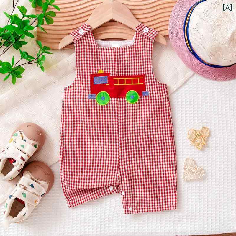 ロンパース ベビー 夏用 チェック柄 乳児 ノースリーブ カバーオール 刺繍入り 通気性の良い綿100% 前開き仕様 お出かけ 赤ちゃん用子供服 男の子女の子兼用 出産祝いギフト 70cm 80cm 90cm 春夏