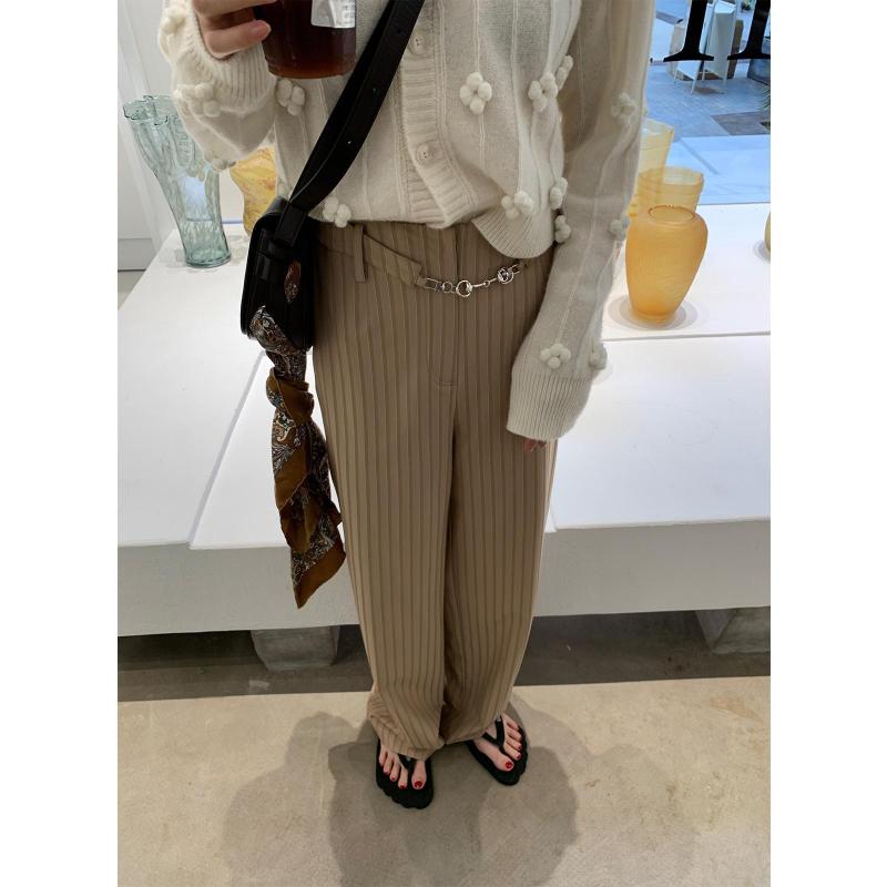ワイドパンツ レディース ハイウエスト スラックス チェーン ストレート ロングパンツ 美脚 足長 センタープレス ゆったり ウエストゴム オフィス カジュアル 通勤 ボトムス 無地 スーツパンツ ズボン 秋用